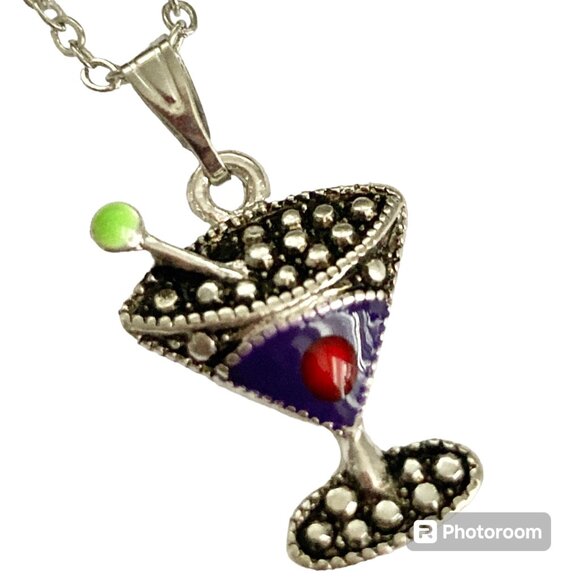 Martini Cocktail Drink Cup Glass Charm Necklace Pendant Purple Enamel 18" Chain - Picture 1 of 9
